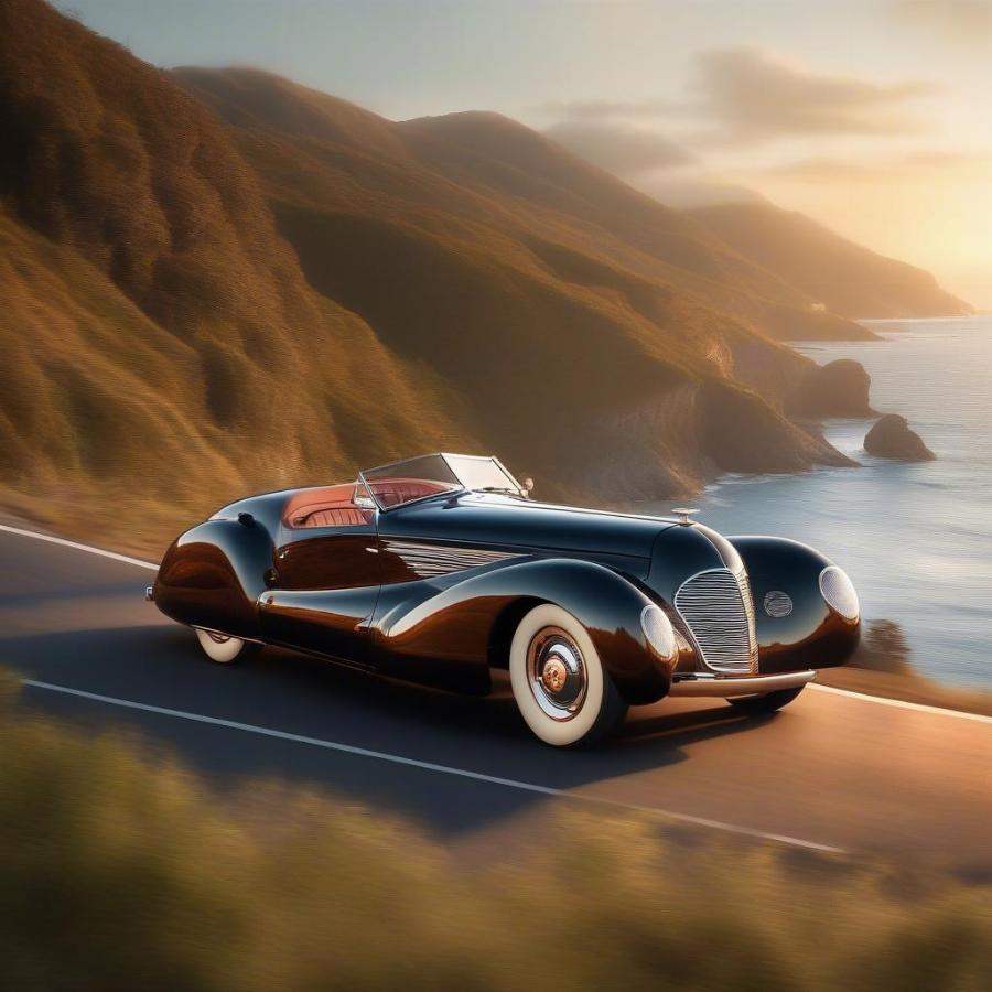 Auburn Boattail Speedster gracefully cruising down a scenic coastal road, showcasing its timeless appeal and the joy of owning a classic car.