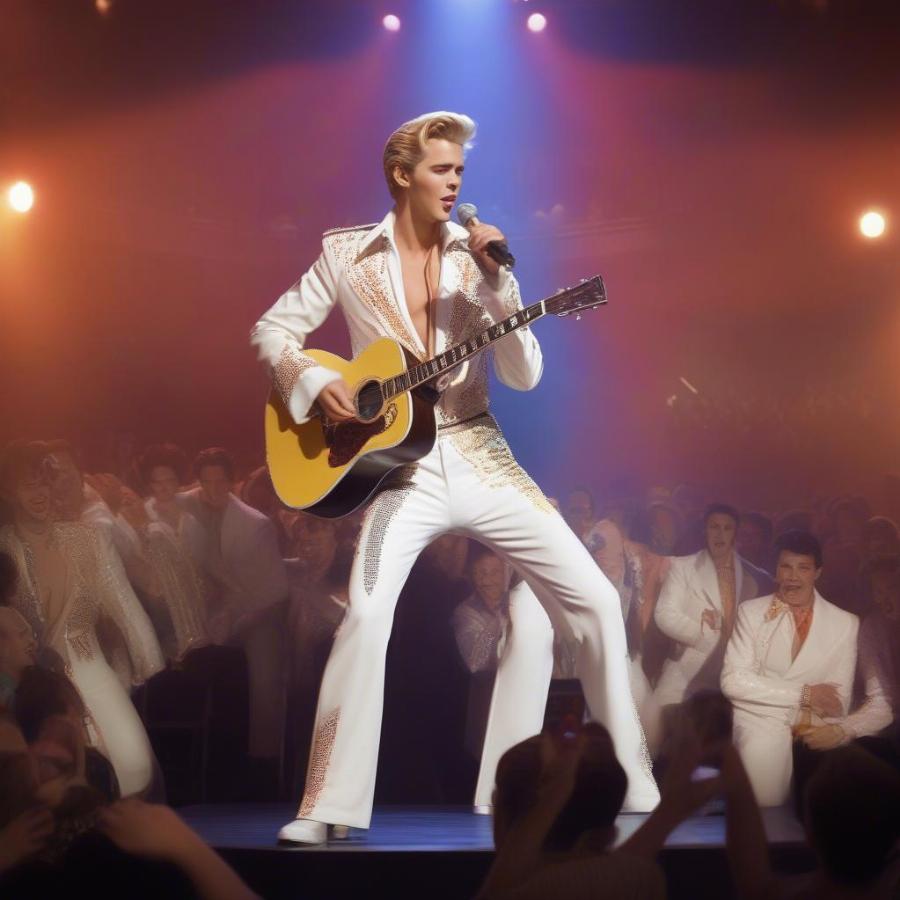 Austin Butler portraying Elvis in his later years, holding a microphone.