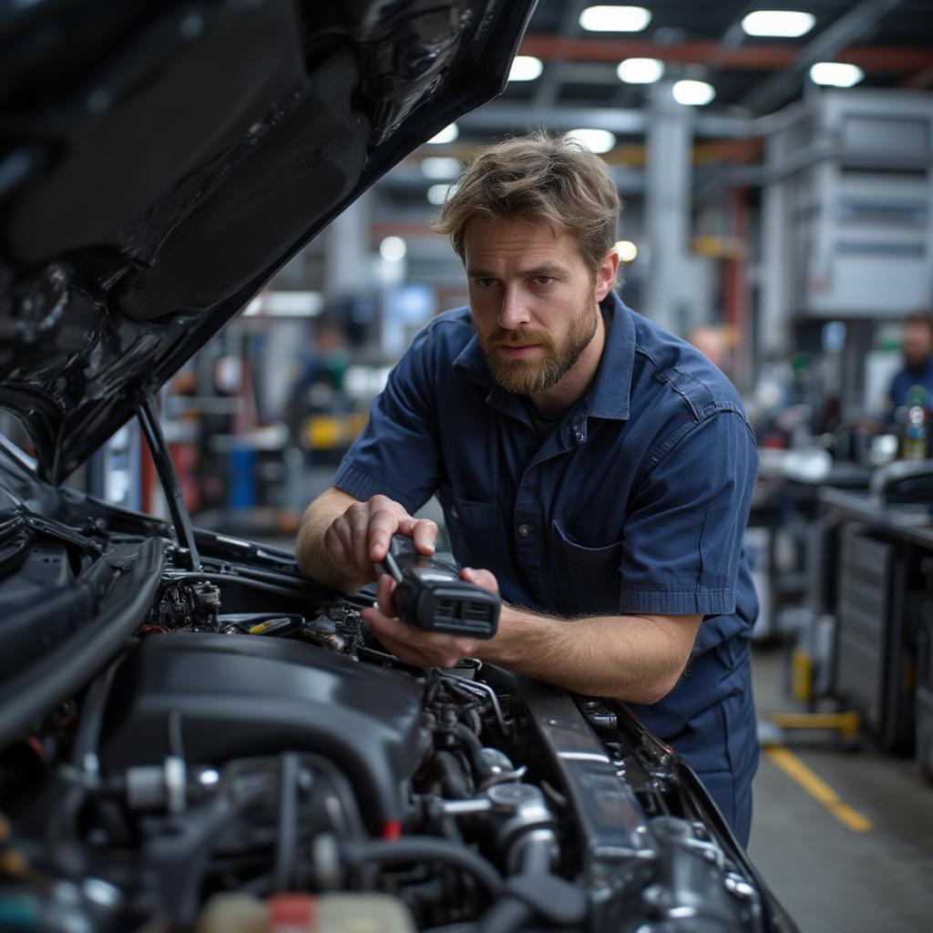 An automotive mechanic is using a diagnostic tool to identify car issues 