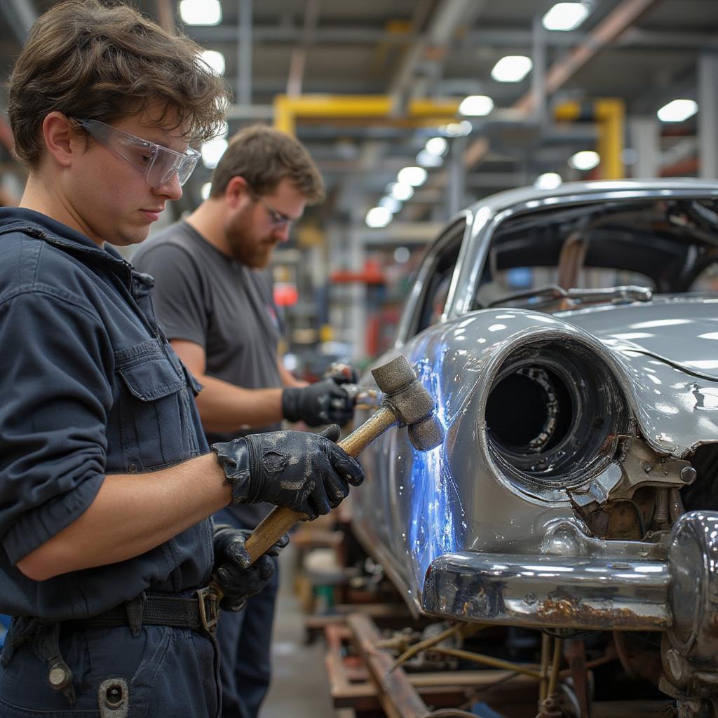 Students learning metalworking in autobody repair training