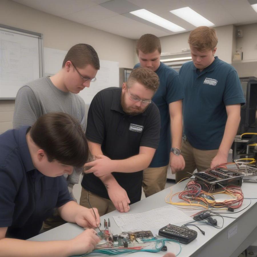 Students learning about automotive electrical systems in a weekend mechanic class.