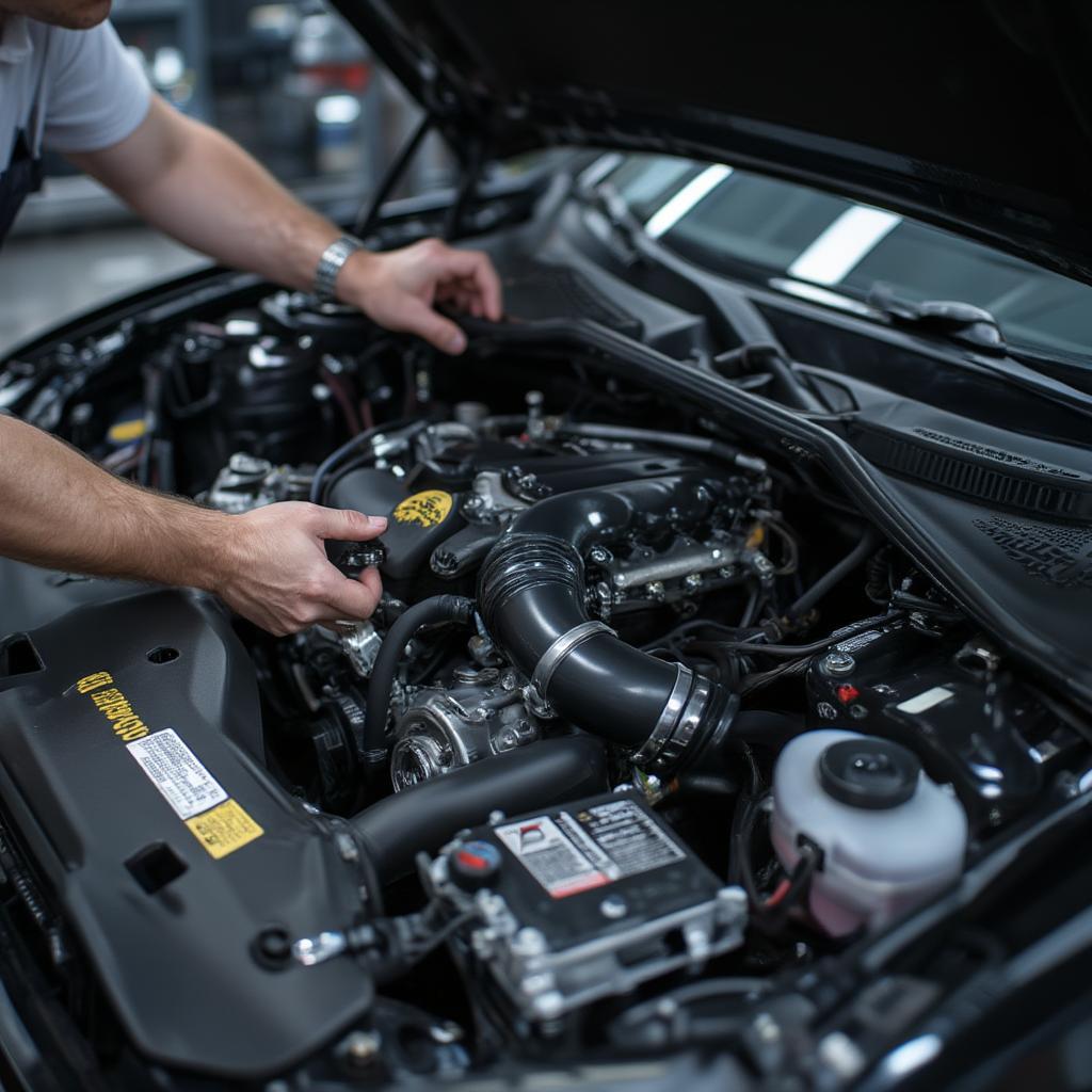 Close Up Of Car Engine With Mechanic Working