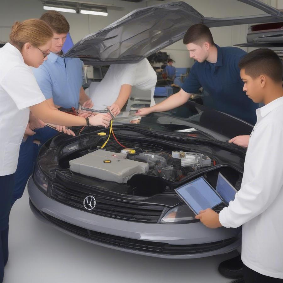 Experienced Instructor Guiding Students in a Modern Automotive Lab