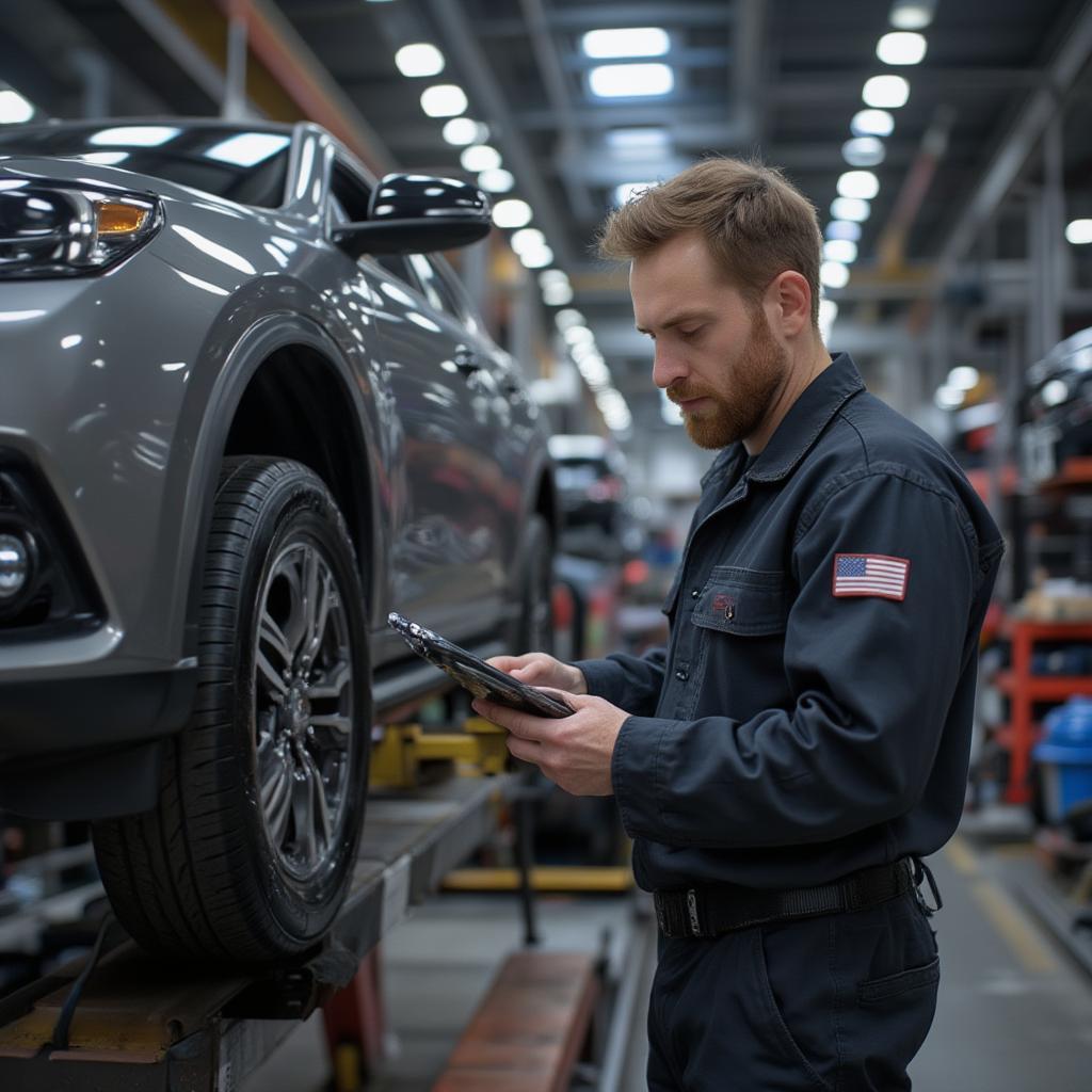 A master automotive technician in a shop working