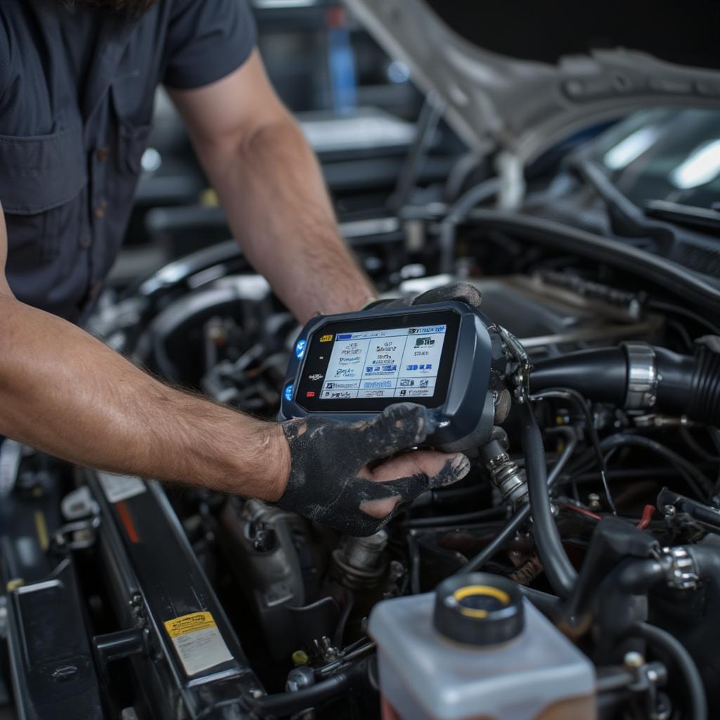 A master automotive technician using diagnostic tools