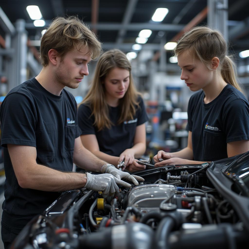 Students Working on a Car Engine in a Training Workshop