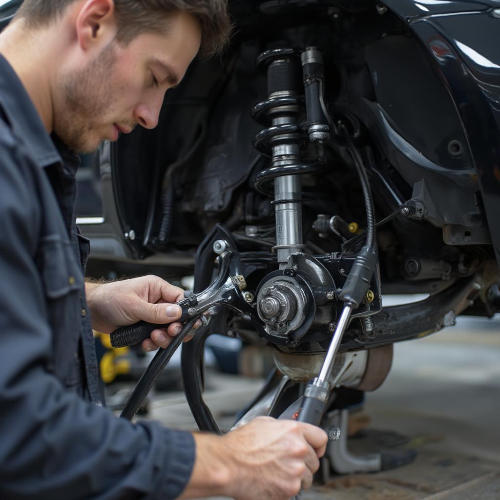 Mechanic Working on a Car Suspension System