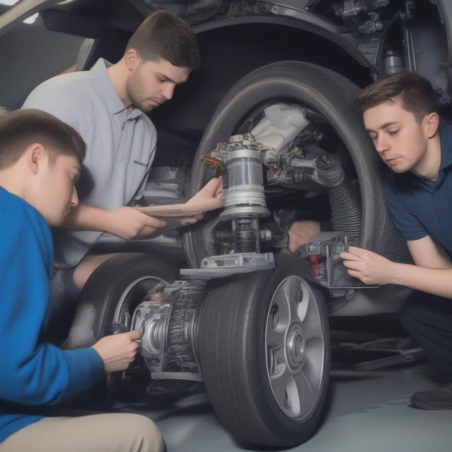 Students Examining Car Suspension System