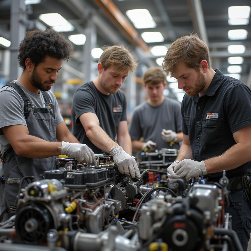 Automotive students engage in practical engine repair training