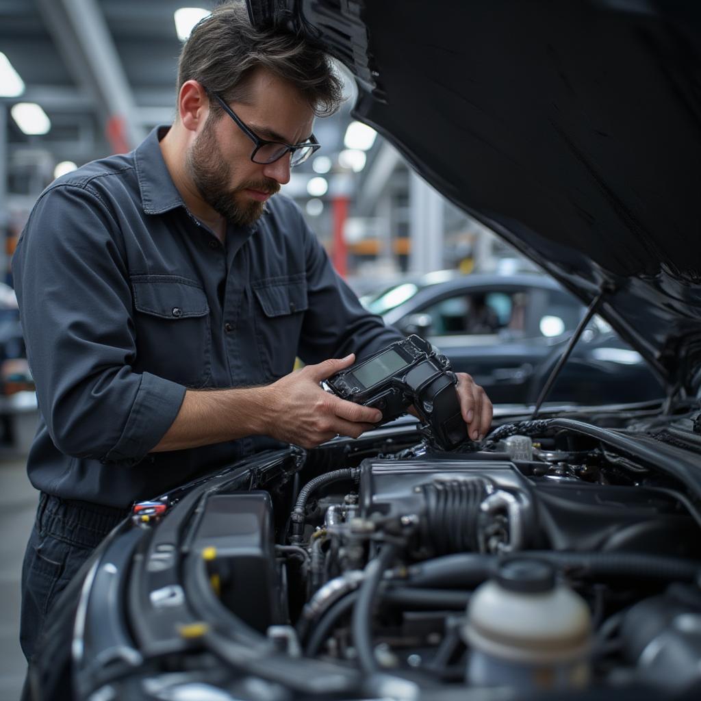 Technician Diagnosing Engine