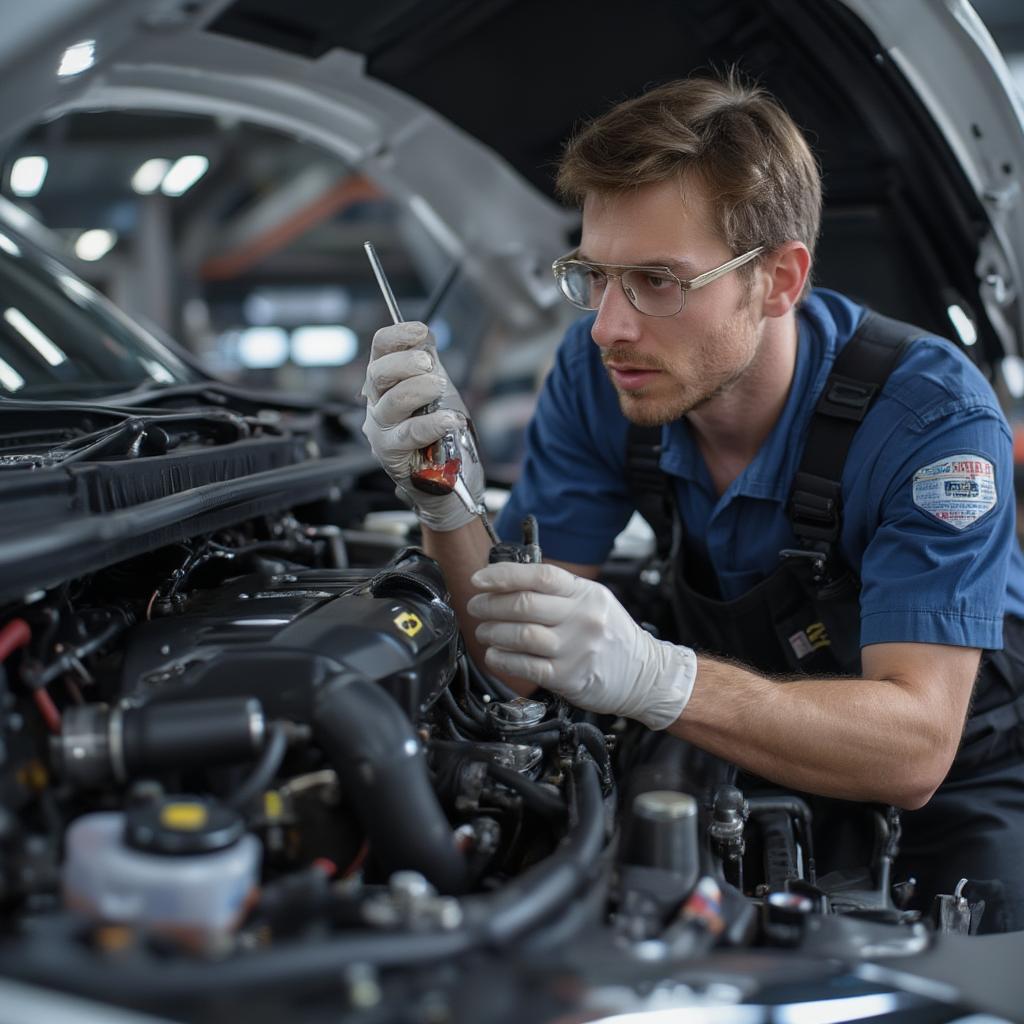 Automotive Technician Working on a Car Engine