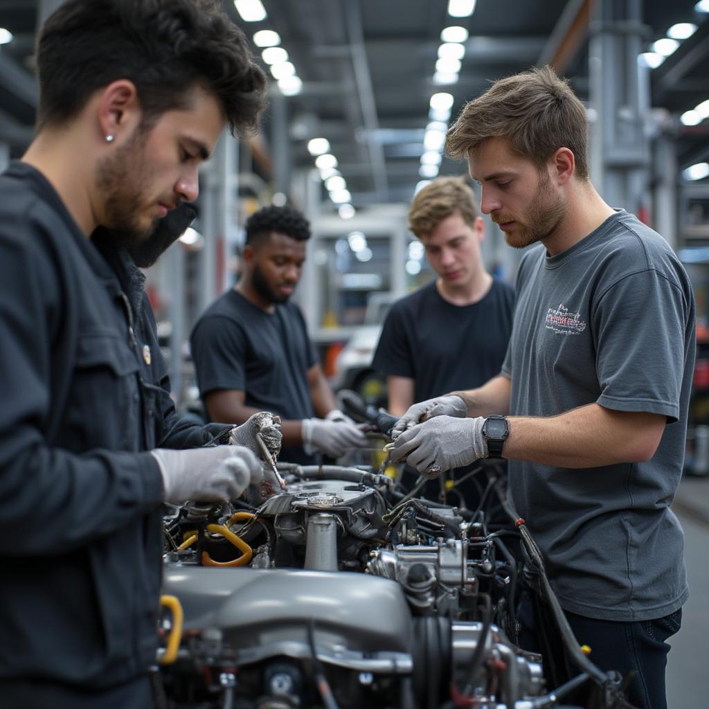 Students working on a car engine in an automotive training center