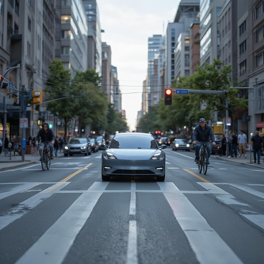 autonomous electric vehicle navigating city streets