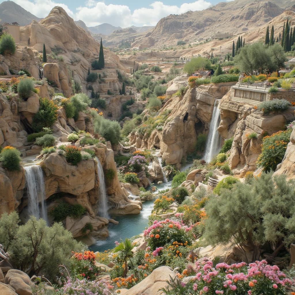 The Hanging Gardens of Babylon are depicted with vibrant green vegetation and a layered structure