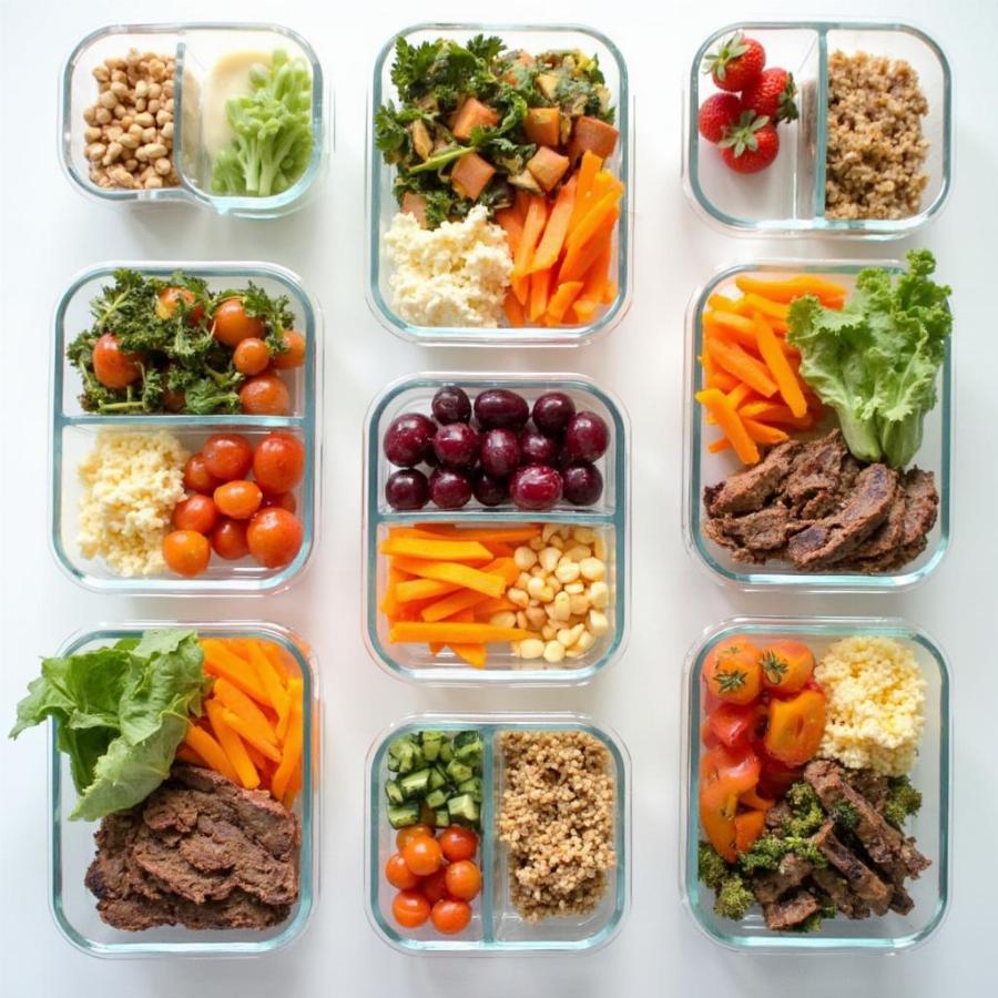 Healthy meal prep containers filled with colorful fruits, vegetables, and lean protein.