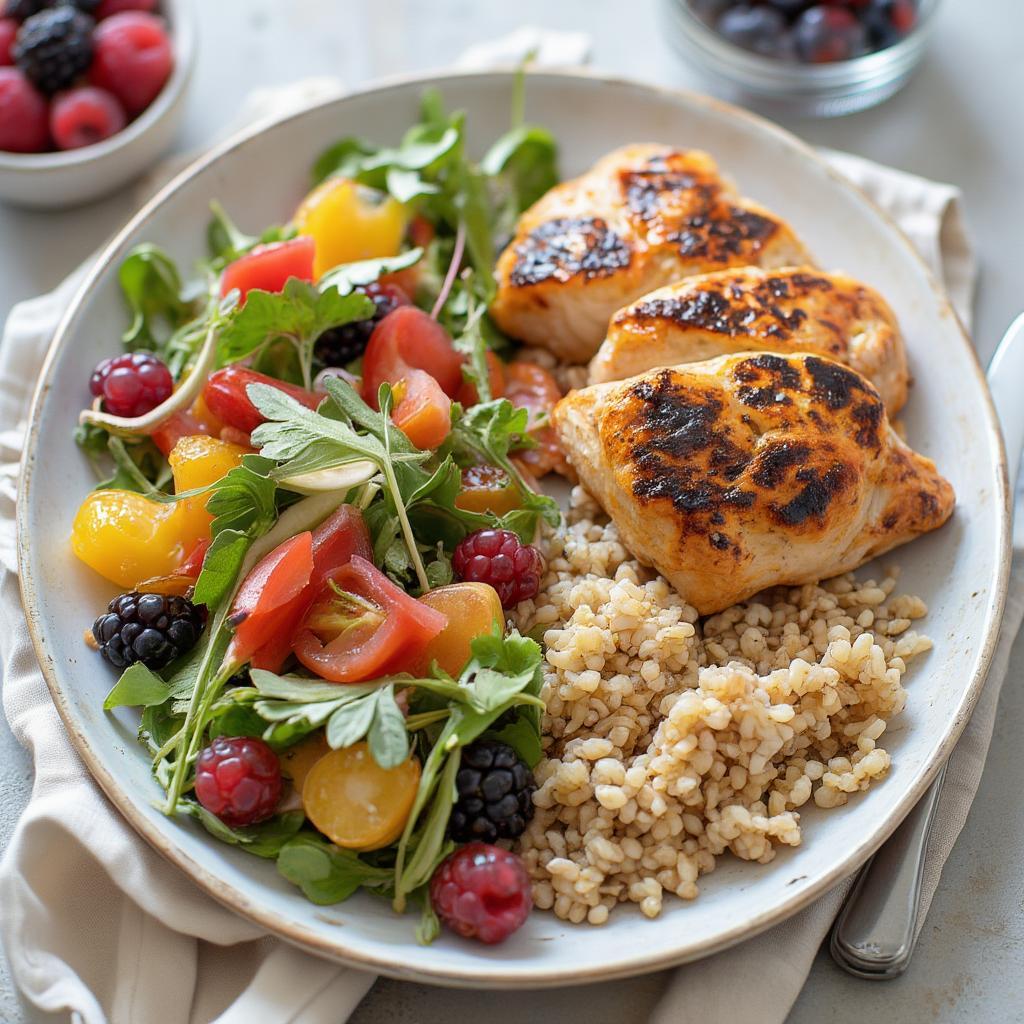 A balanced diet plate with fruits, vegetables, lean protein, and whole grains for belly fat reduction