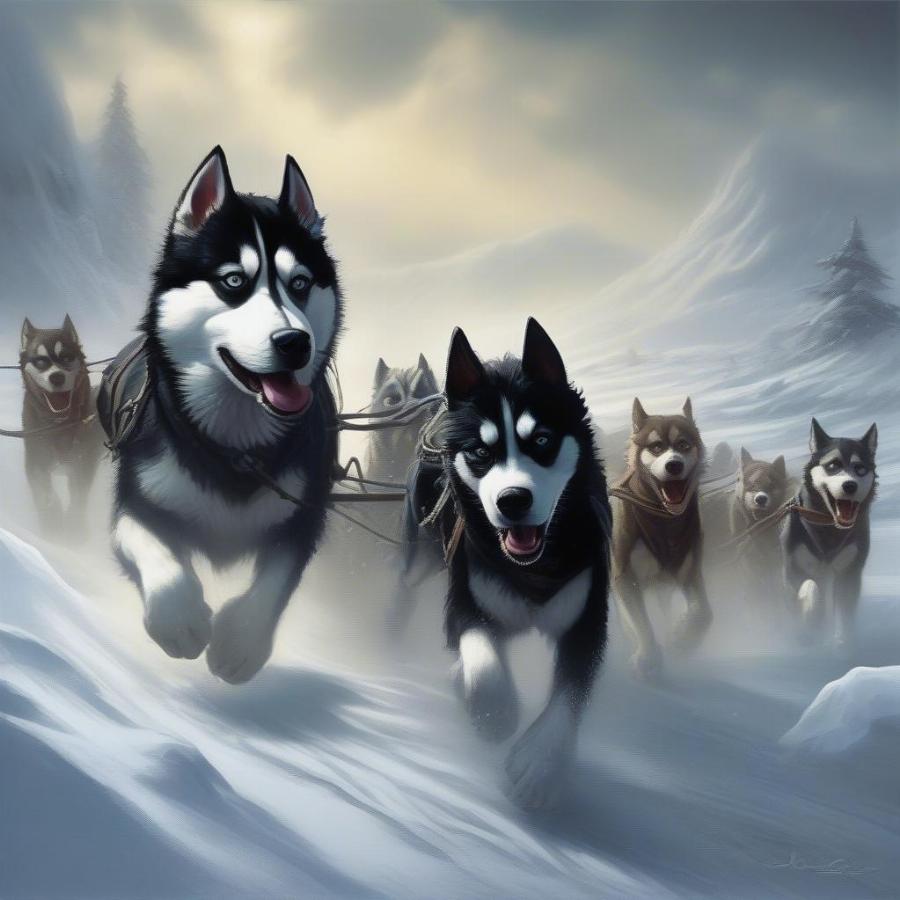 Balto leading a sled team through a blizzard to deliver diphtheria antitoxin to Nome, Alaska