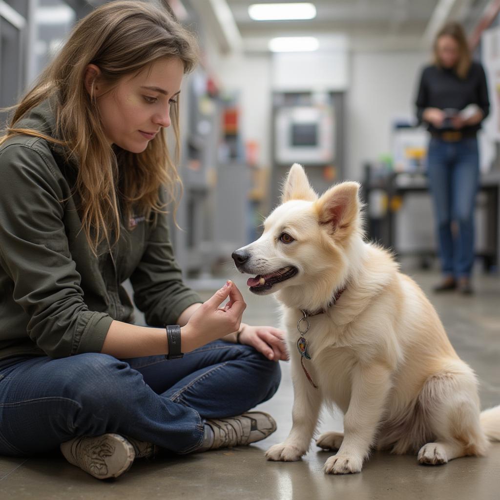 Potential adopter meeting a dog at Battersea Dogs Home