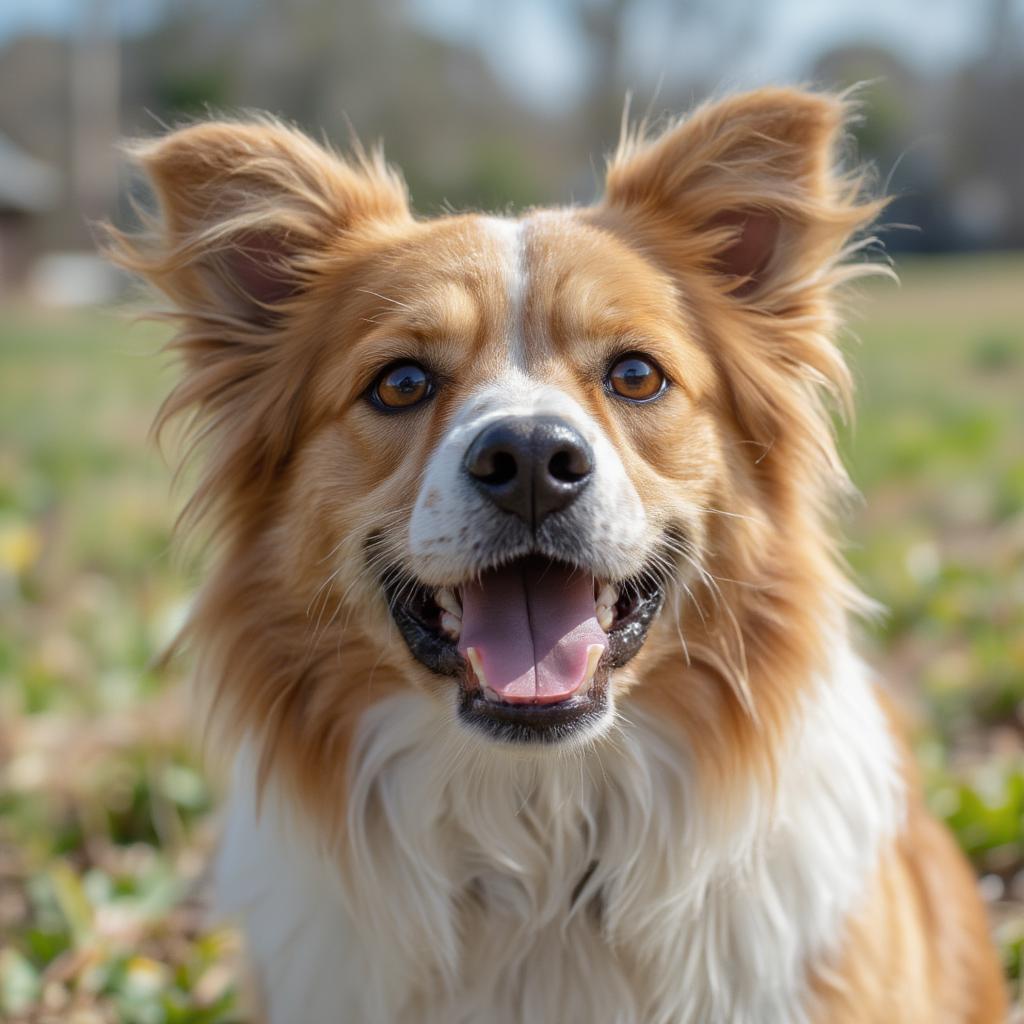 Battersea rescue dog looks happily at camera