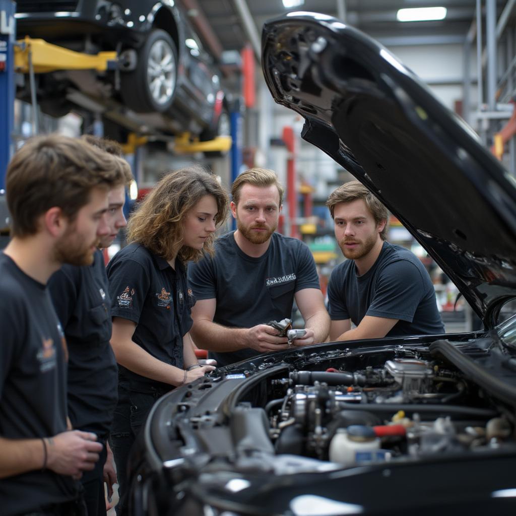 Beginners Learning Car Mechanics in Workshop