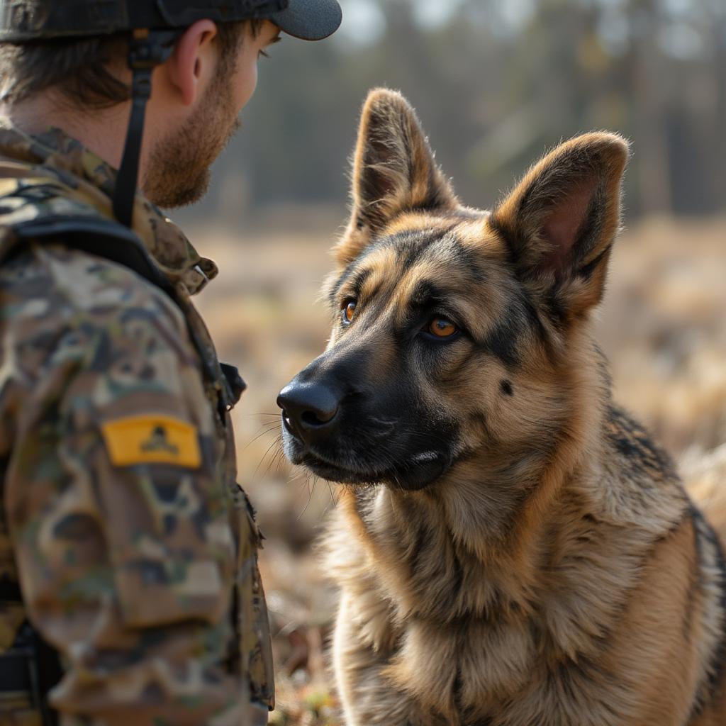 belgian malinois navy seal dog looking at his handler with mutual trust