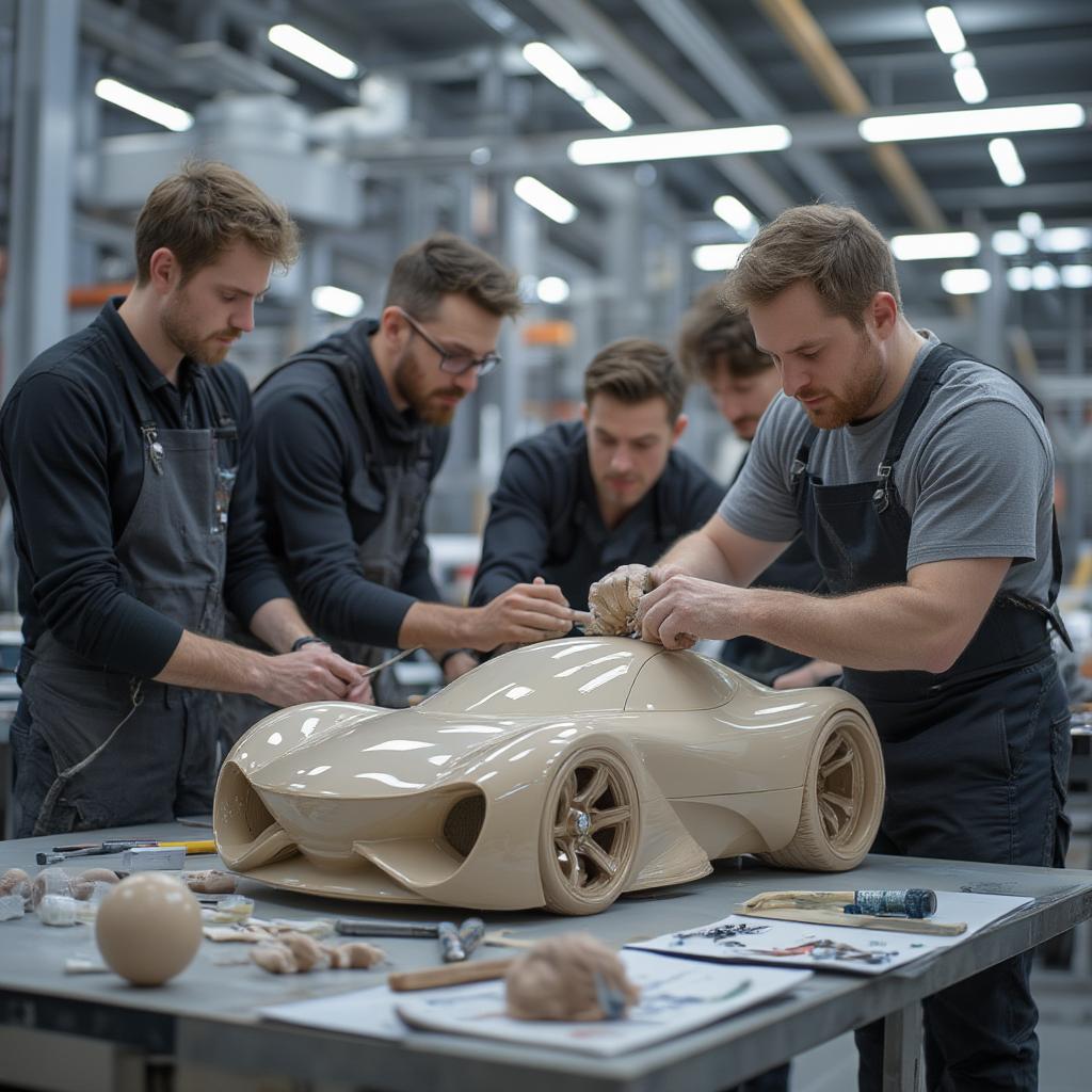 Bespoke Car Design Studio: A team of designers meticulously crafting a unique car model.