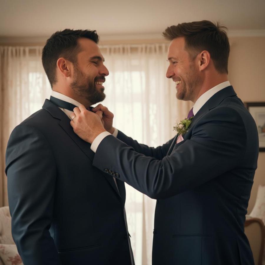 Best Man Helping Groom Prepare for Wedding