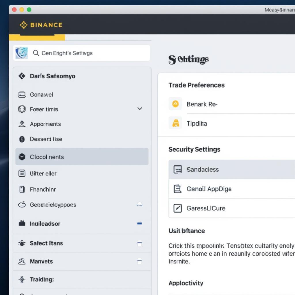 Binance Mac App settings showing various customization options and preferences