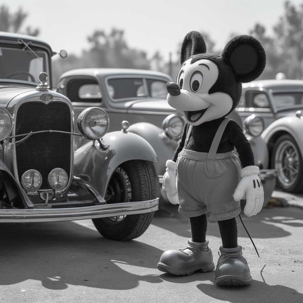 Black and White Mickey Mouse at an Antique Car Show