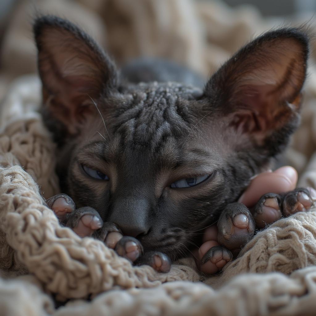 Black Sphynx Kitten Cuddling with Owner