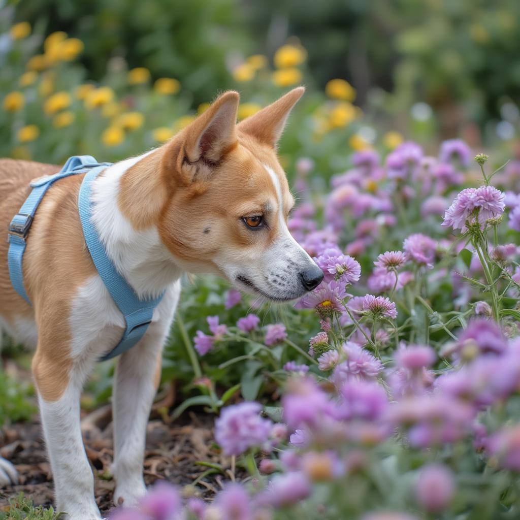 blind dog exploring garden smelling flowers