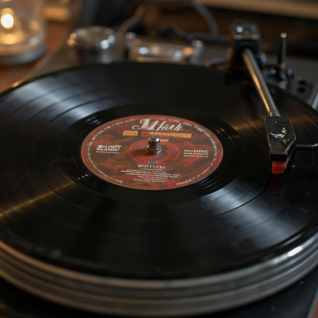 Vintage vinyl record of Blood on the Tracks spinning on a turntable.