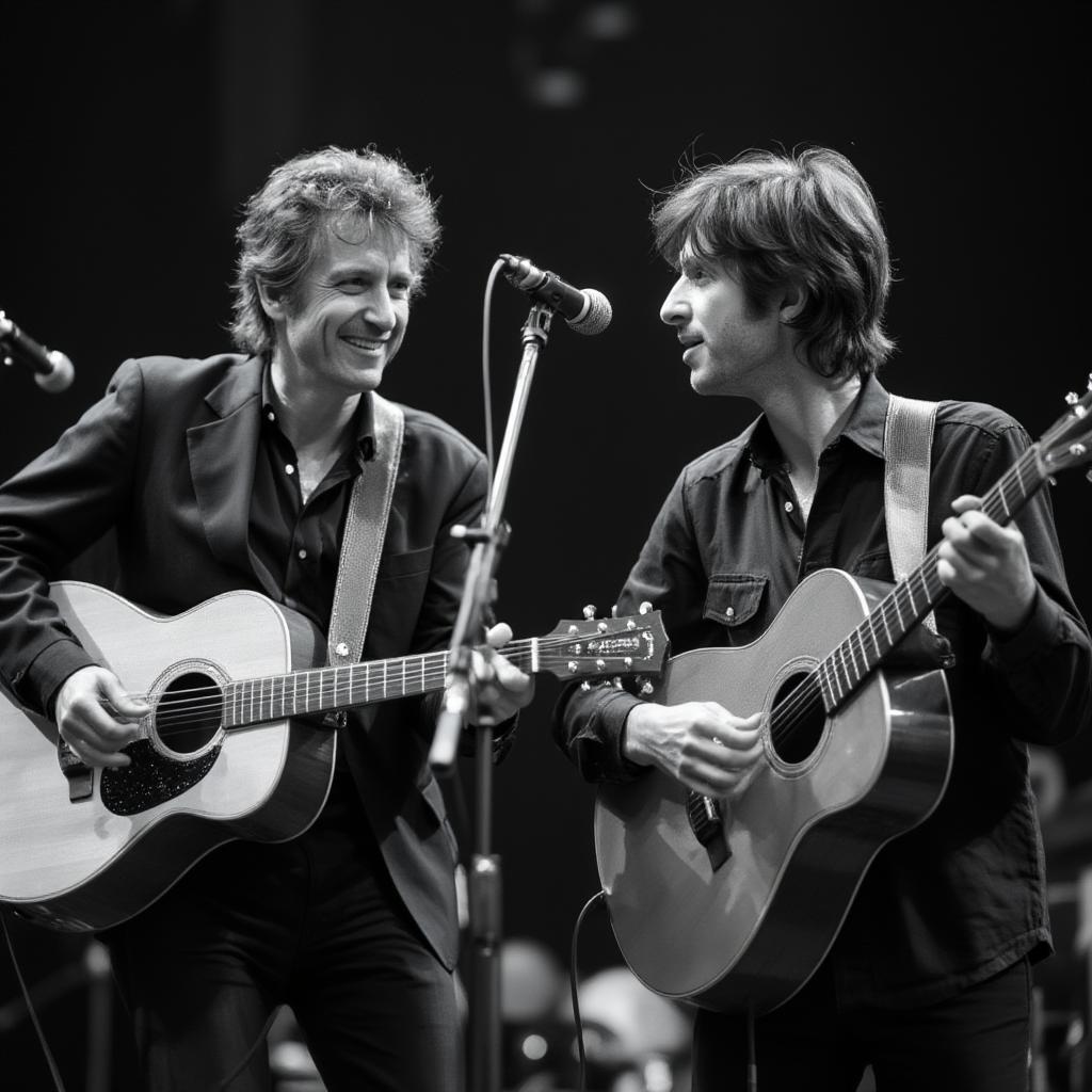 Bob Dylan and George Harrison sharing a stage during a benefit concert