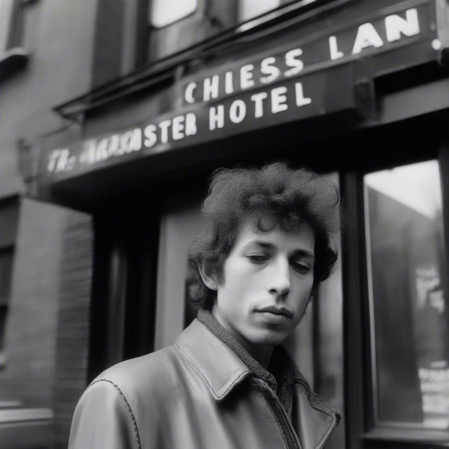 Bob Dylan outside the Chelsea Hotel