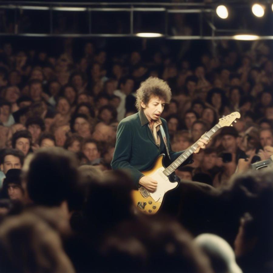 Bob Dylan playing his electric guitar at the Newport Folk Festival, 1965.