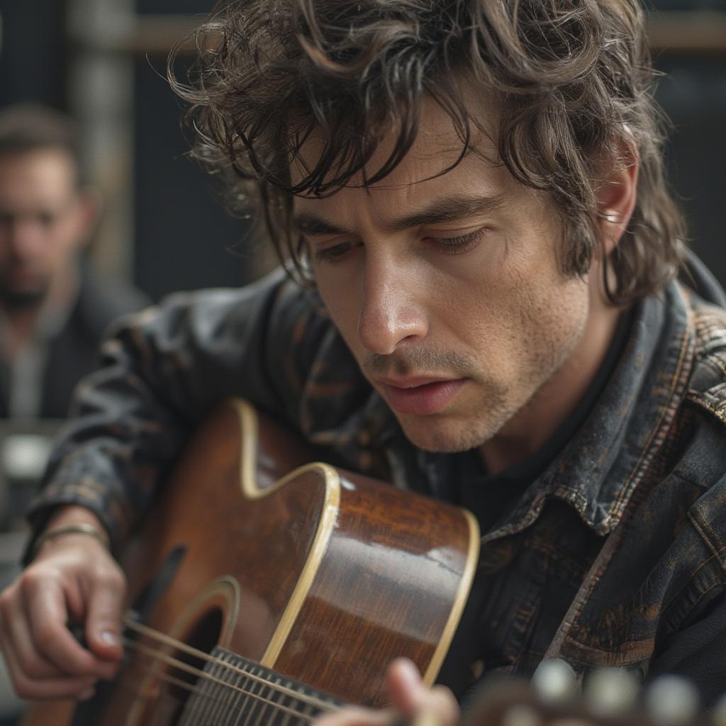 bob dylan playing guitar close up