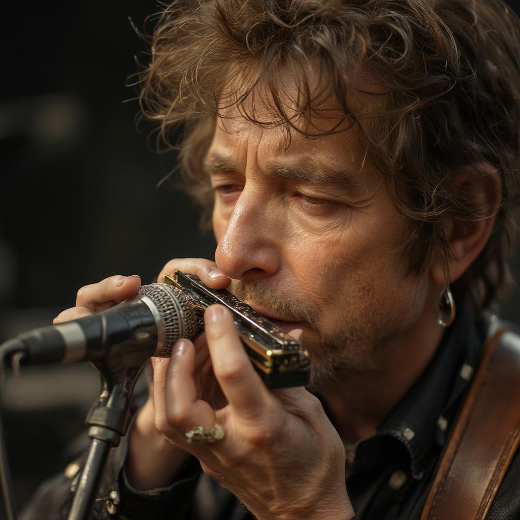 Bob Dylan playing harmonica close up