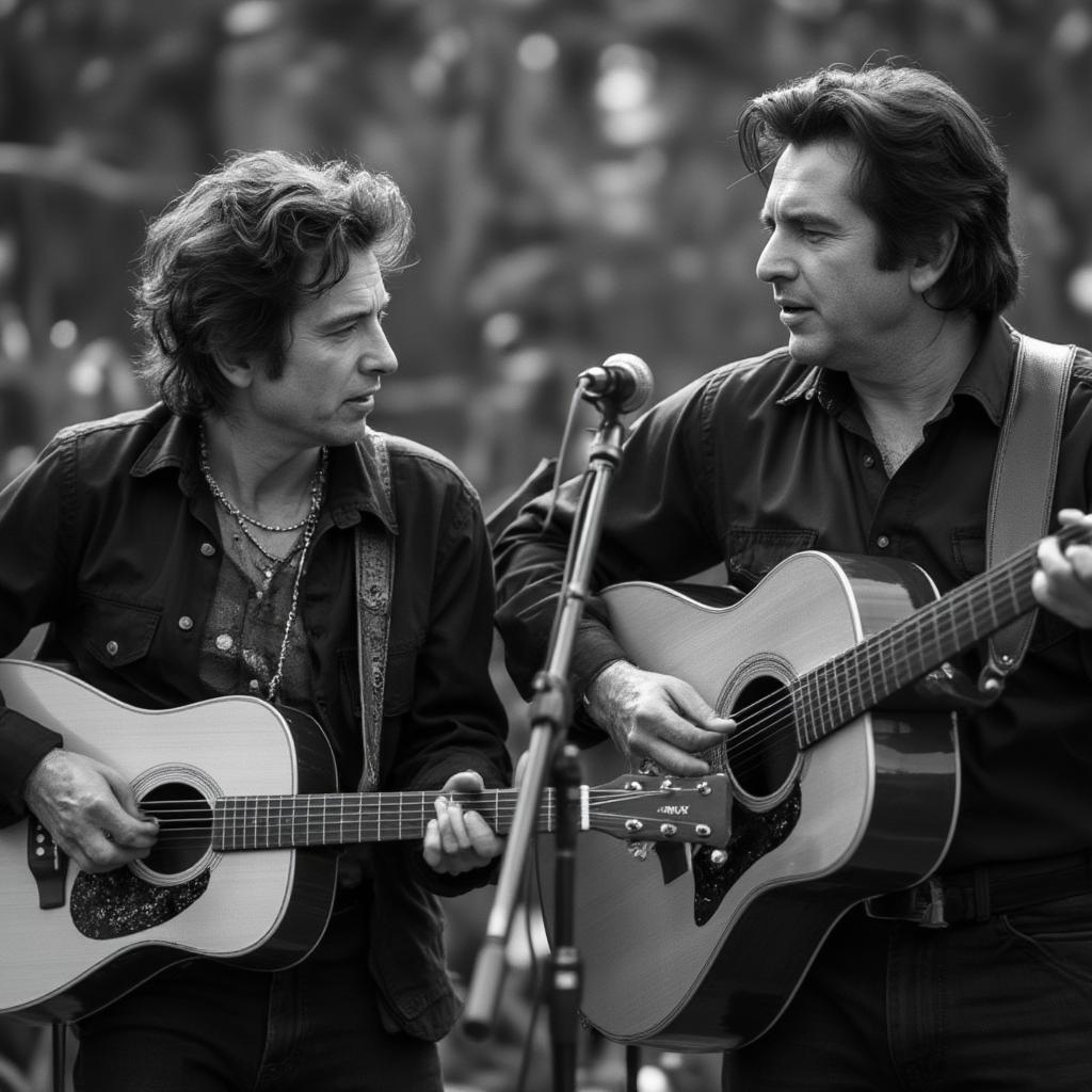 Bob Dylan and Johnny Cash performing together on stage.