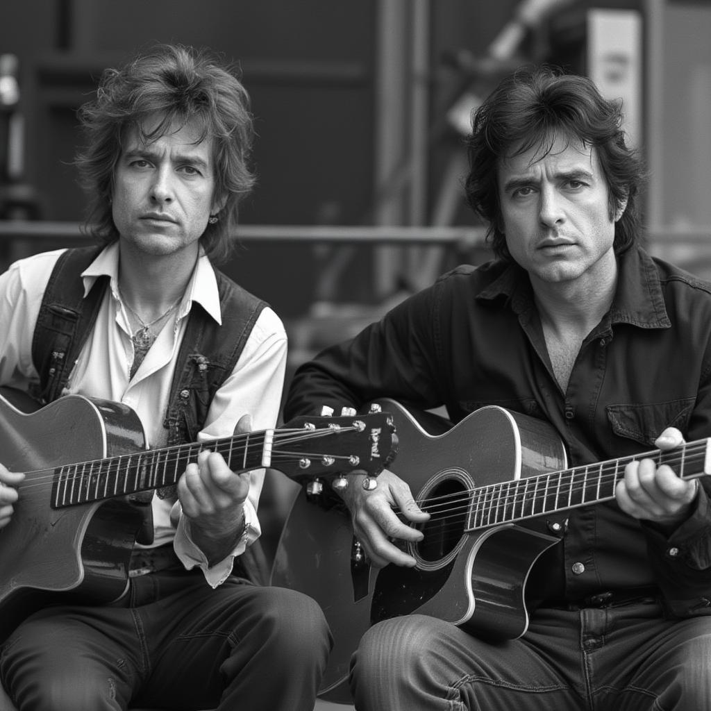 Bob Dylan and Johnny Cash playing guitars