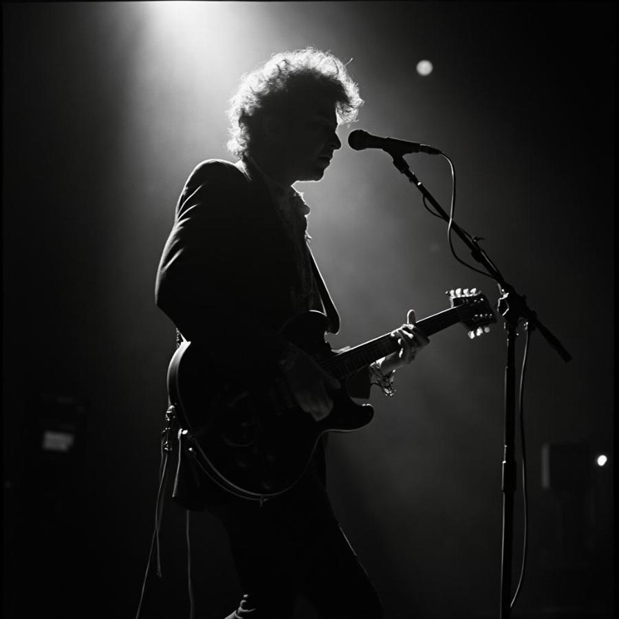 Bob Dylan performing live during the Never Ending Tour in the 1980s