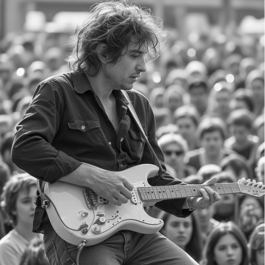 Bob Dylan playing electric guitar at the 1964 Newport Folk Festival