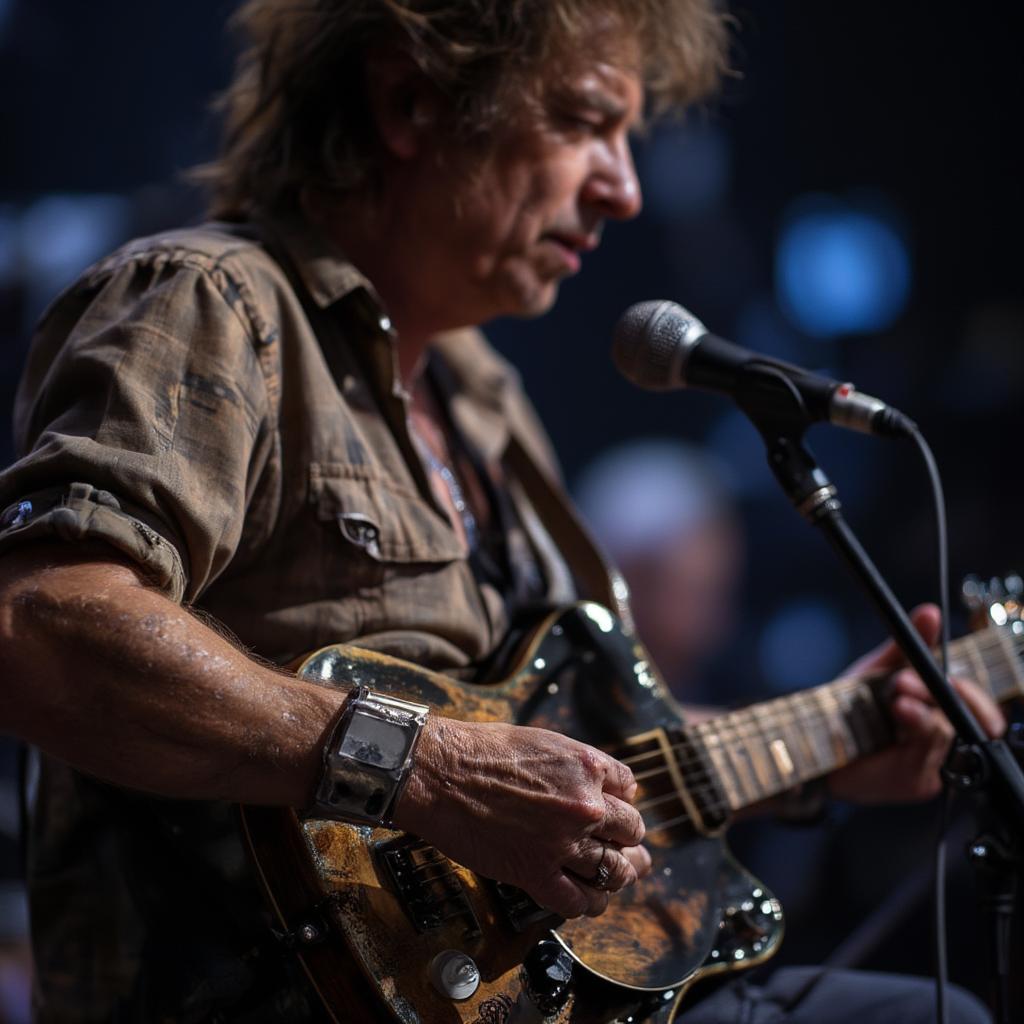 Close-up of Bob Dylan on stage at the Pantages