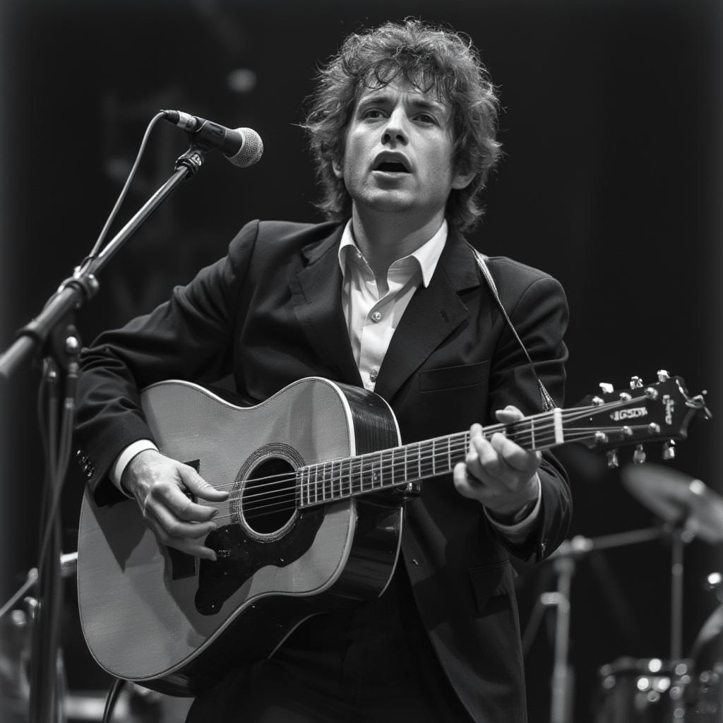 Bob Dylan performing Blowin' in the Wind live on stage with an acoustic guitar in 1963