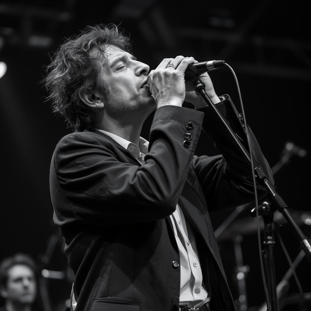 Bob Dylan Playing Harmonica on Stage in Black and White