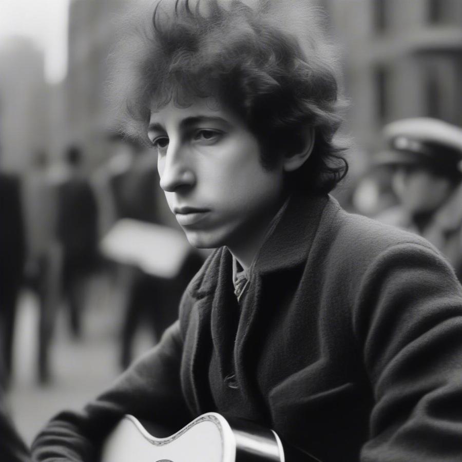 Bob Dylan as a protest song icon of the 1960s, capturing his influence on the counterculture.