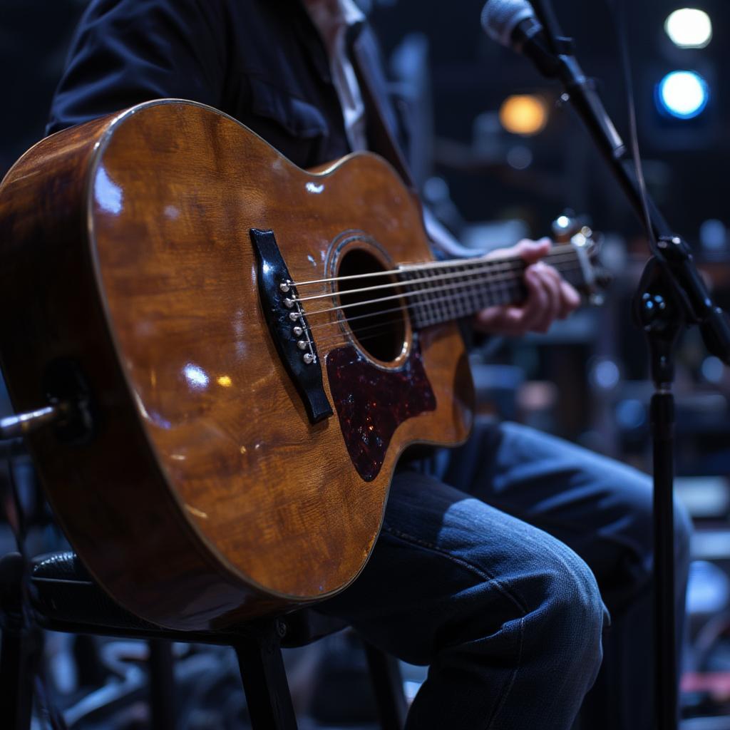 close-up of bob dylans guitar on stage at the ryman