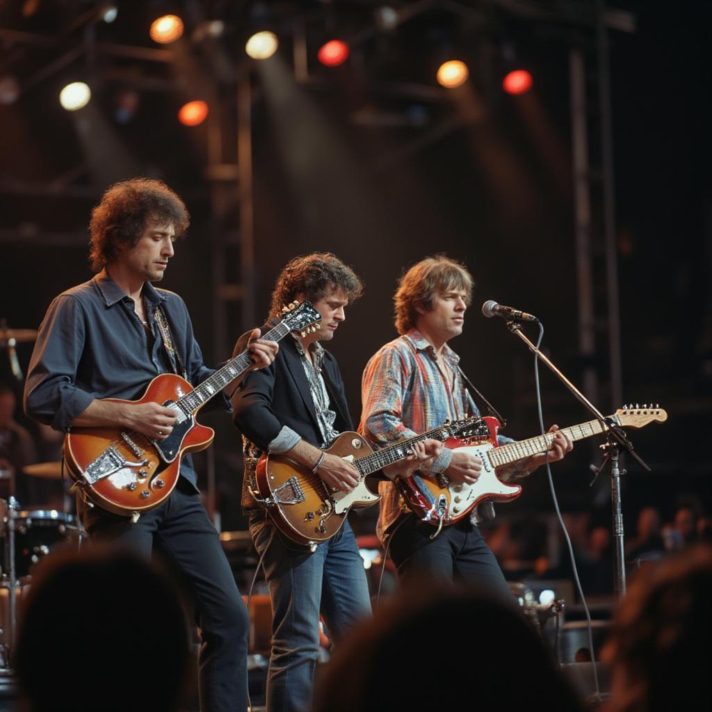 Bob Dylan performing with Eric Clapton and George Harrison