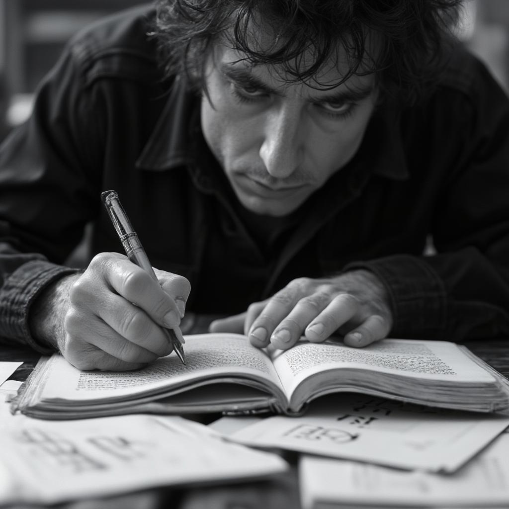 Bob Dylan writing lyrics in a notebook, symbolizing the creative process behind "Another Side of Bob Dylan." 