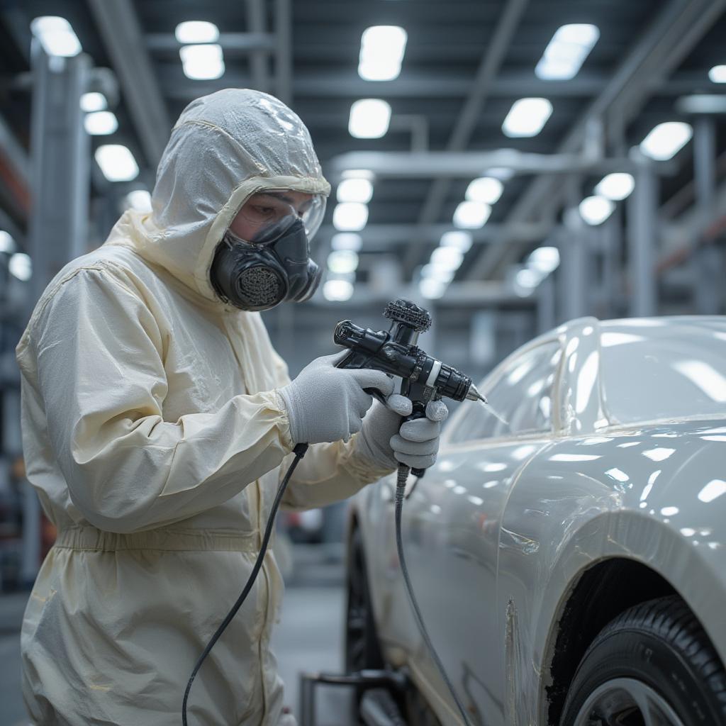 body repair technician using a spray gun to paint a car panel