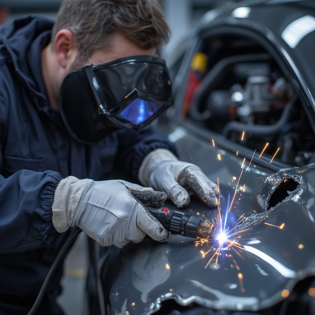 body repair technician using a welding torch to fix a car panel